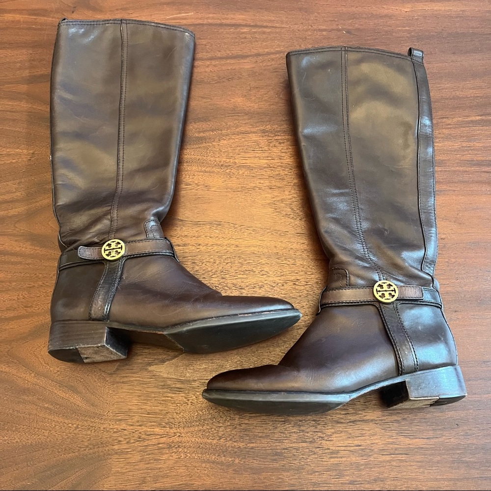 Tory Burch Brown Bristol Coconut Leather Gold Reva Tall Harness Riding Boots 7